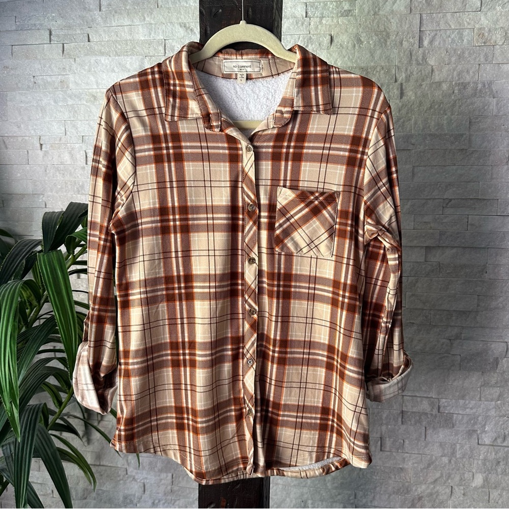 No Comment Pumpkin Spice Orange Plaid Faux Fur Button Down Fall Colors Size L